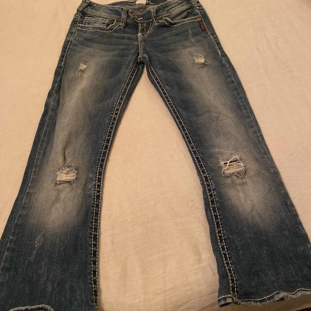 Jeans, flare leg silver brand.